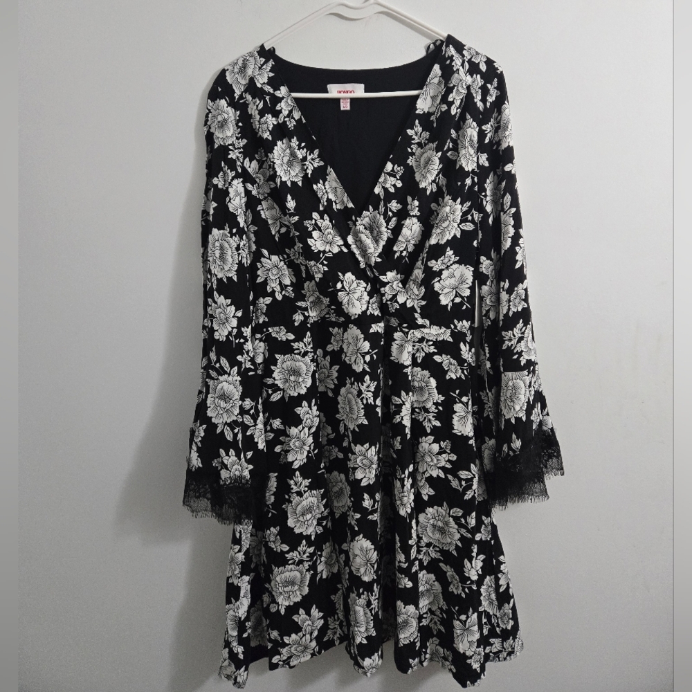 Black & White Floral Wrap Dress with Lace Trim